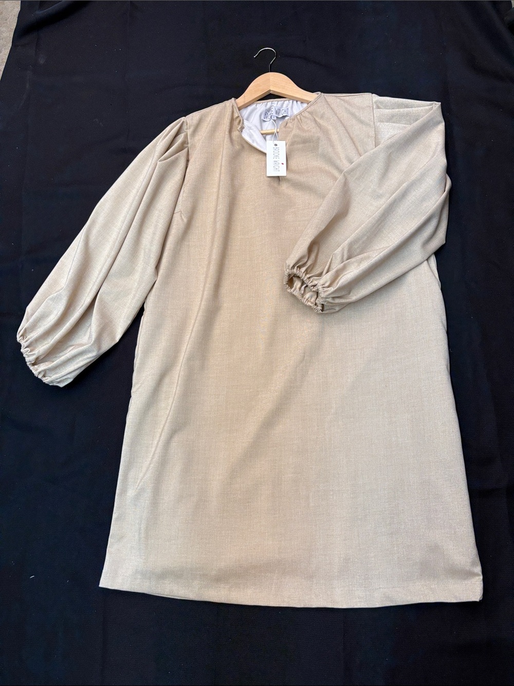 Neutral Taupe Long-Sleeve Shift Dress with Balloon Sleeves